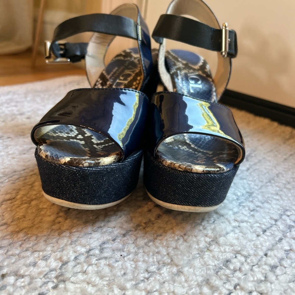 AGL Women’s Snakeskin Leather Patent Navy Denim Ankle Strap Wedges Shoes - Picture 13 of 15